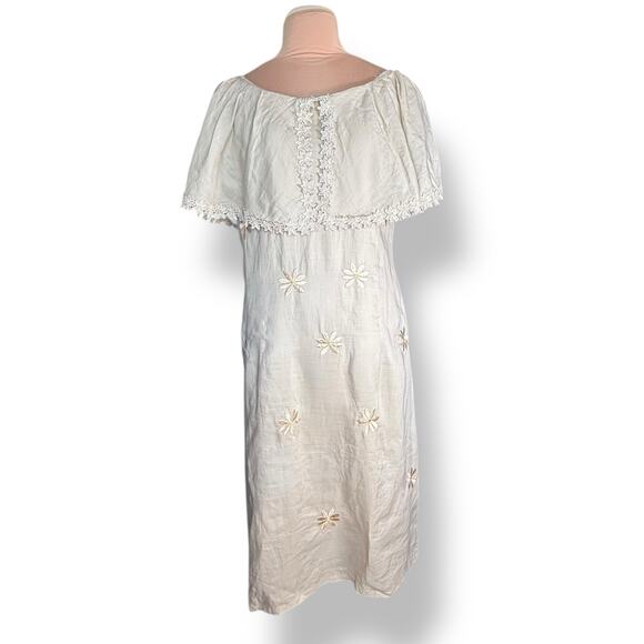 Vintage Linen Embroidered Floral Maxi Dress Lace Capelet Overlay Medium - Picture 1 of 12